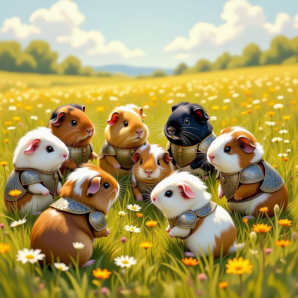Armored Guinea Pigs in Sunlit Meadow, Fantasy Art