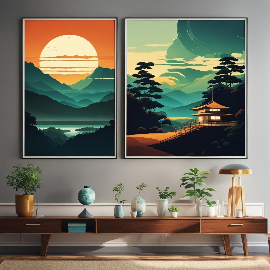Geometric Mid-Century Modern Wall Prints in Anime Style