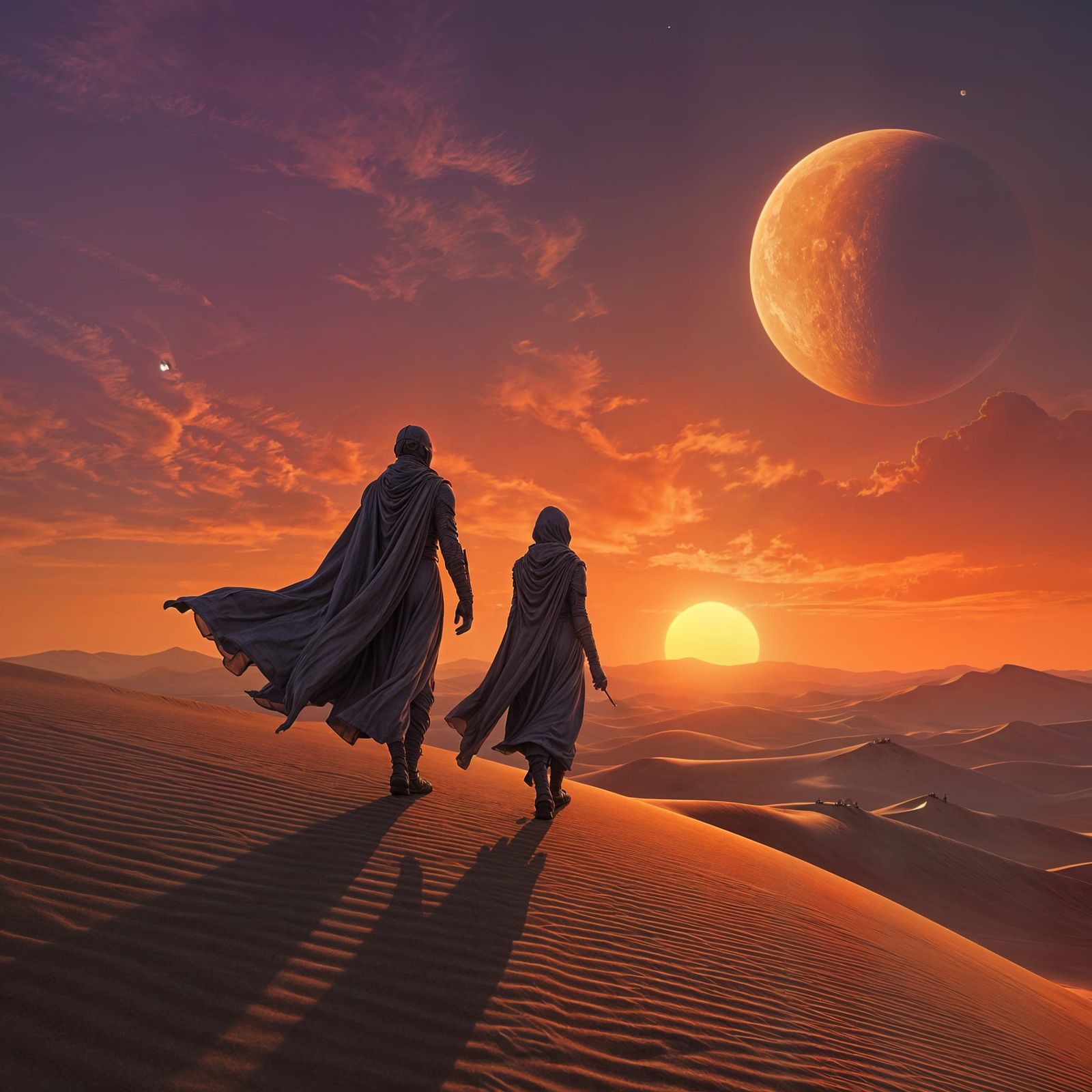 Arrakis Desert Scene with Twin Moons Rising