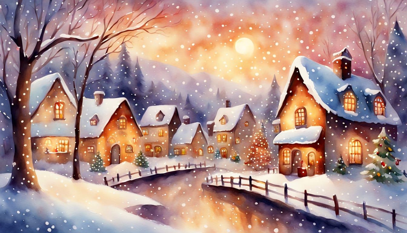 Christmas Village in Watercolor Painting with Golden Light
