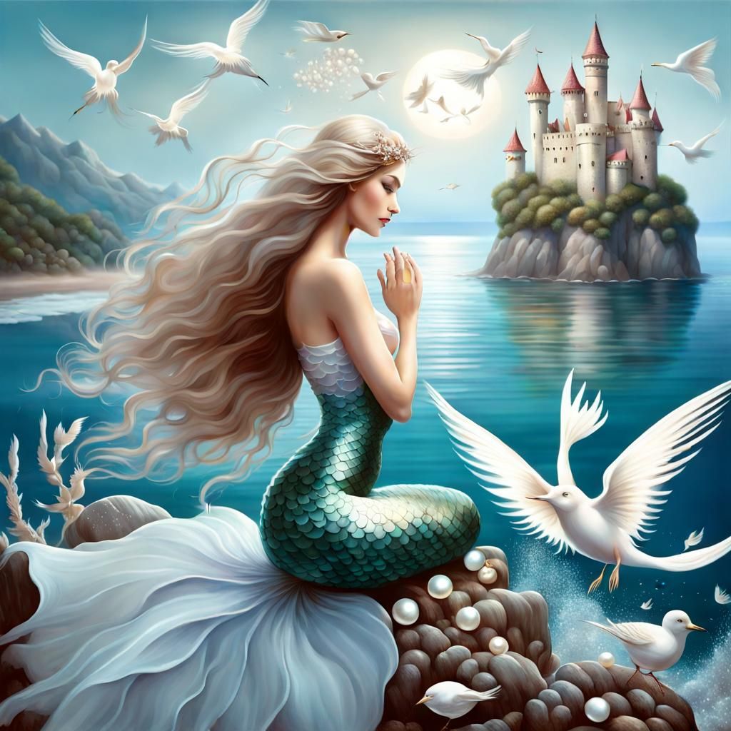 Enchanting Mermaid Gathering Pearls at Sea Shore