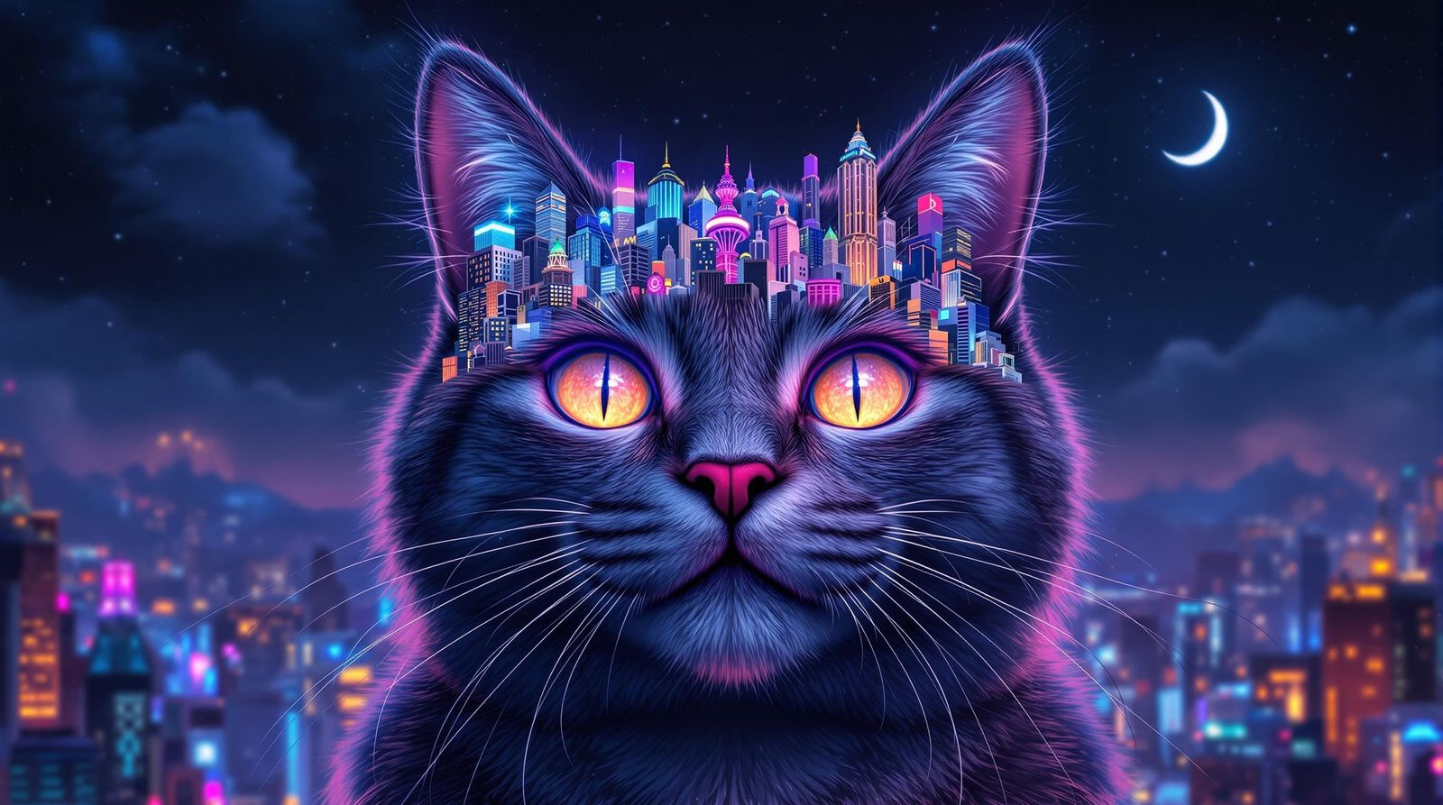 Cat with Cityscape Face in Digital Art Style