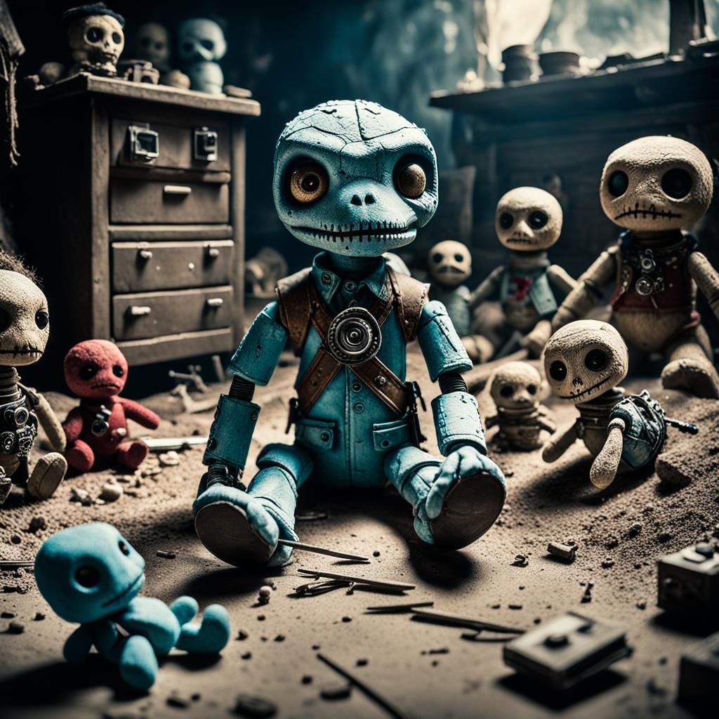 Detailed Voodoo Dolls in Abandoned Setting