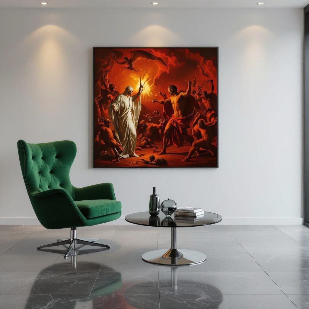 Minimalist Living Room with Hellish Oil Painting
