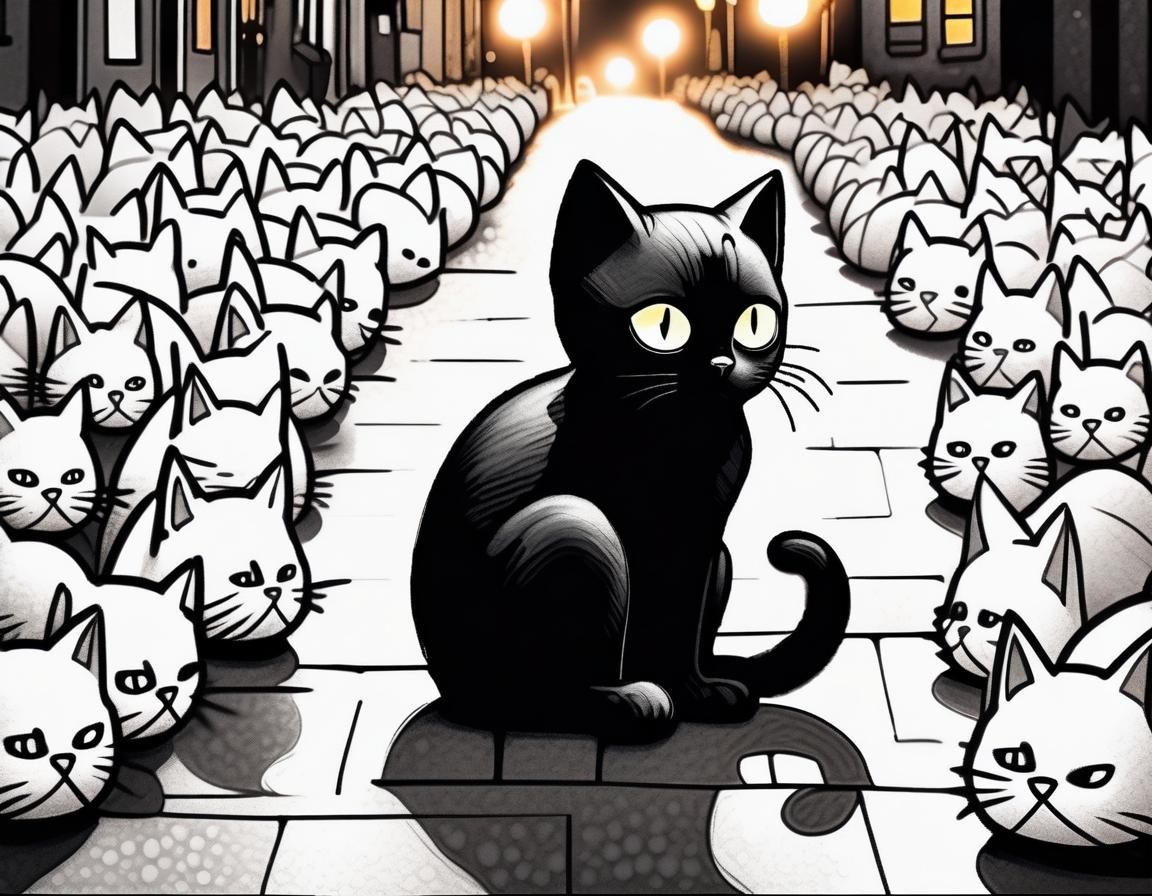 Lonely Black Kitten in White Street: Ink Illustration