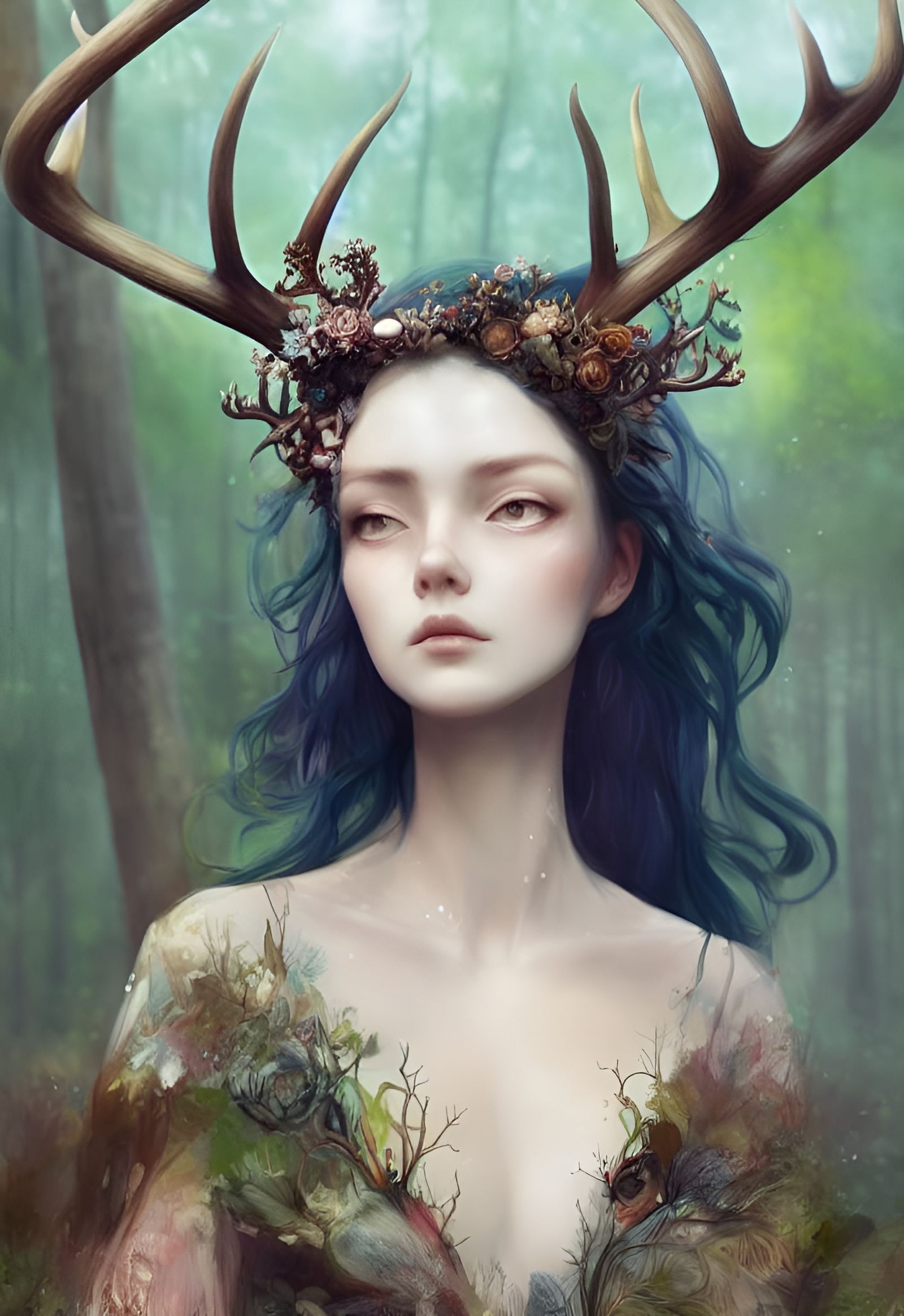 Antlered Woman Portrait in Forest, Digital Illustration