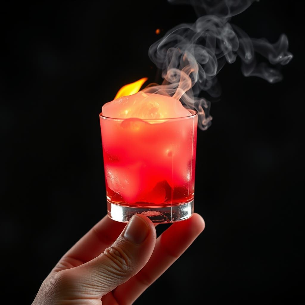 Fingers Hold Mysterious Cocktail with Blazing Flames and Smo...