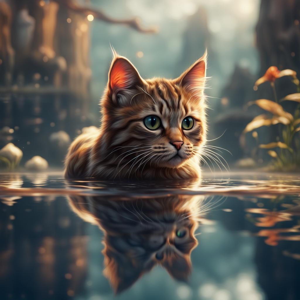 Cute Cat Water Reflection in Detailed Digital Art