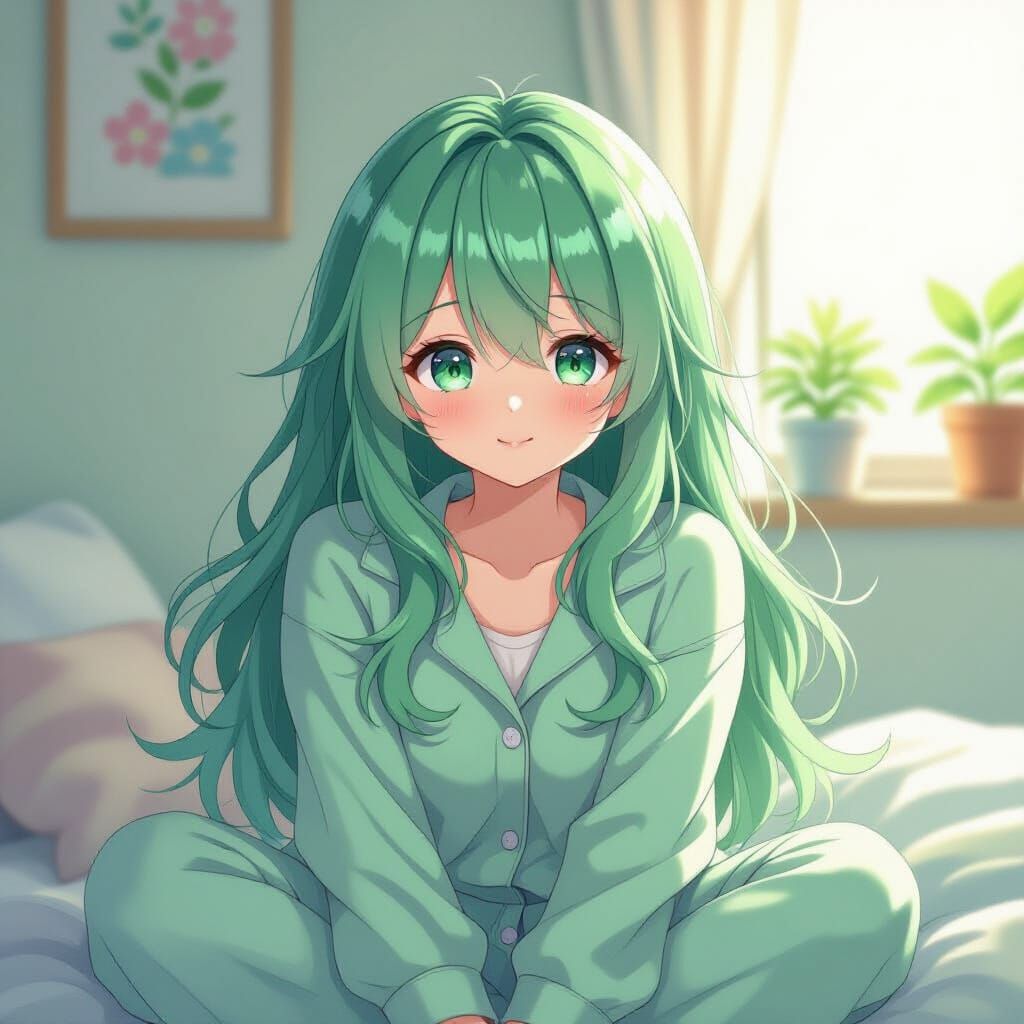 Anime Girl with Pastel Green Hair in Pajamas