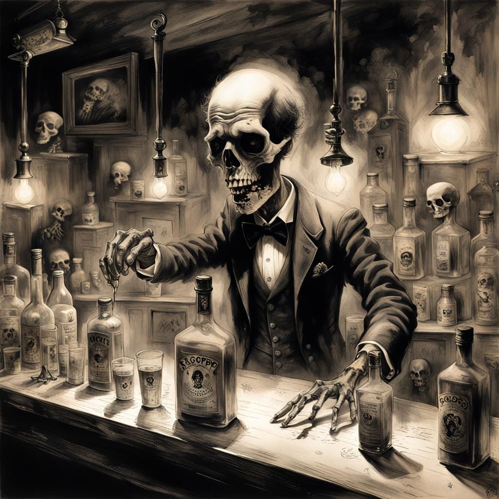 Zombie Bartender Serves Skeletons: Diazotype Print