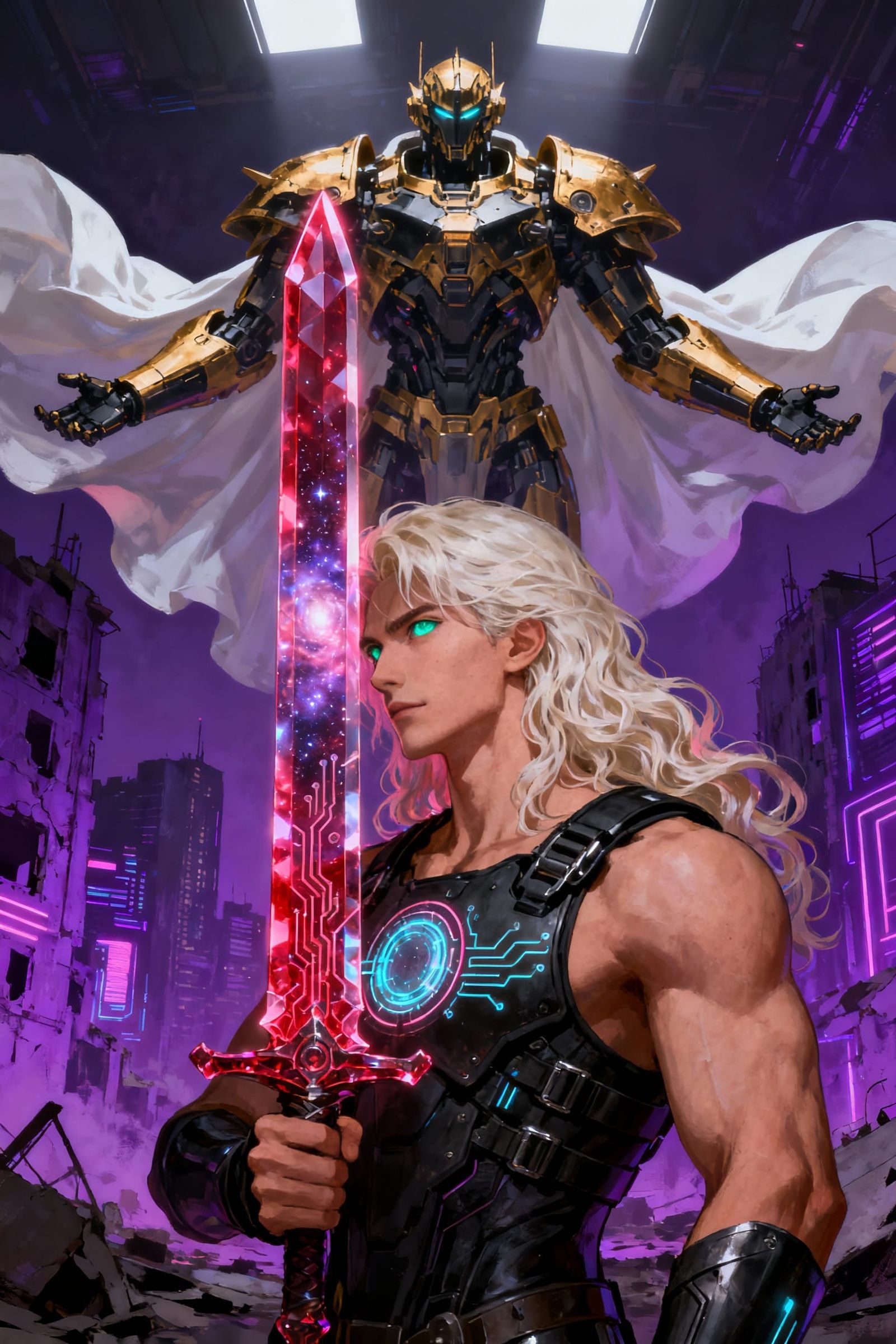 Warrior with Galaxy Sword in Cyber City