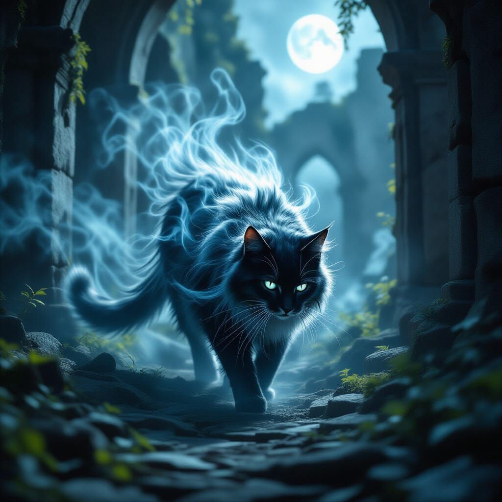 Spectral Cat in Moonlit Temple Ruins