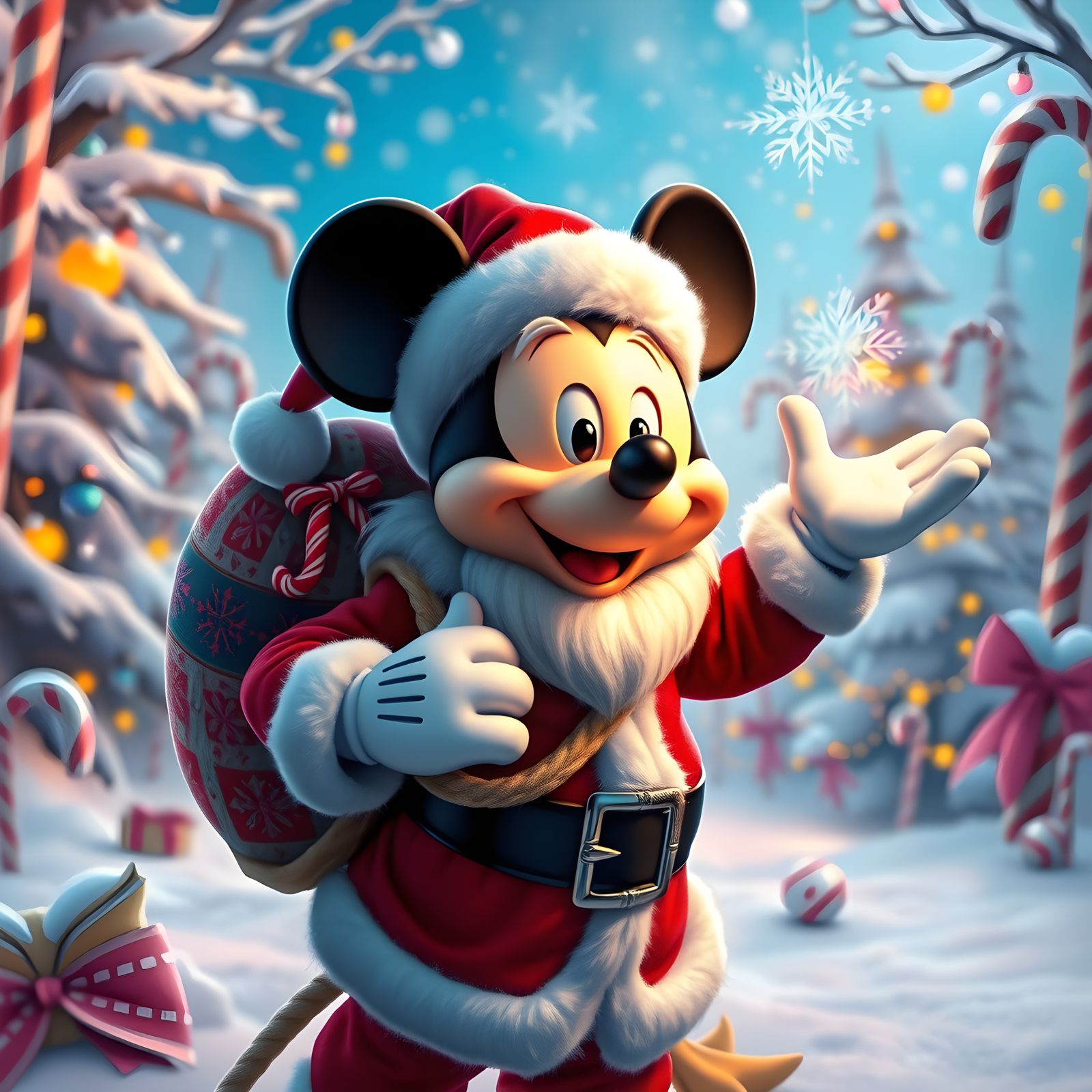 Mickey Mouse Santa Wishes Merry Christmas in Vibrant Fantast...