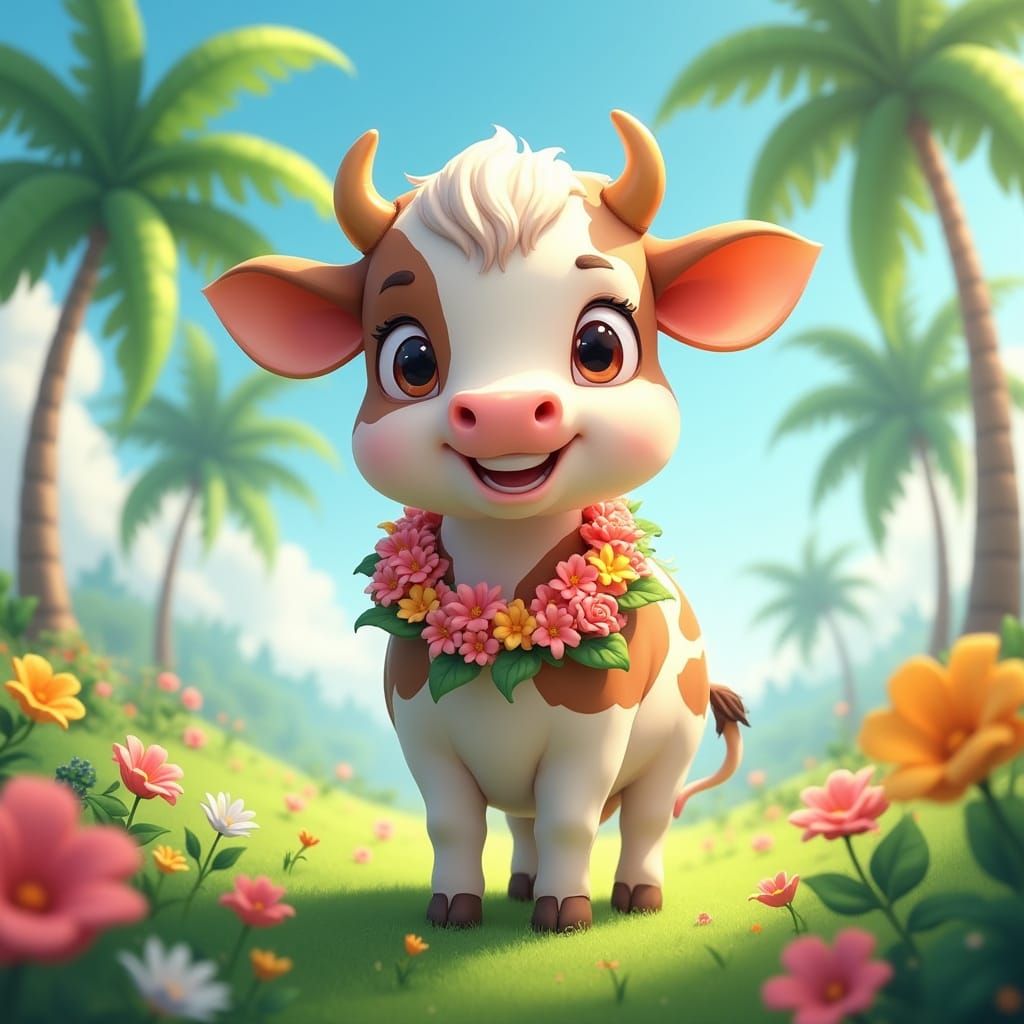 Smiling Cow in Paradise: 3D Anime Art