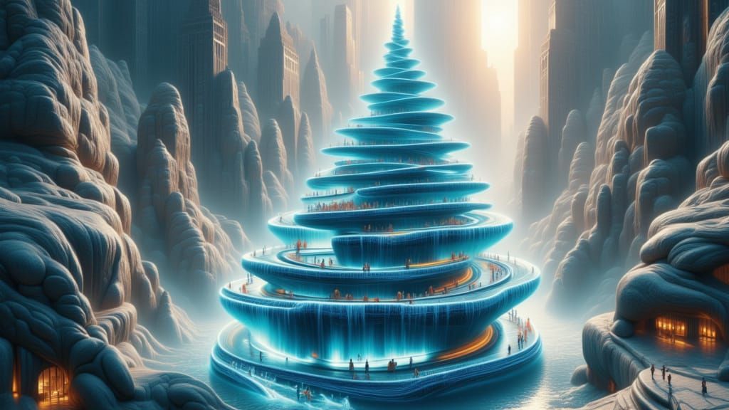 Futuristic Water Fountain as a Helical Staircase