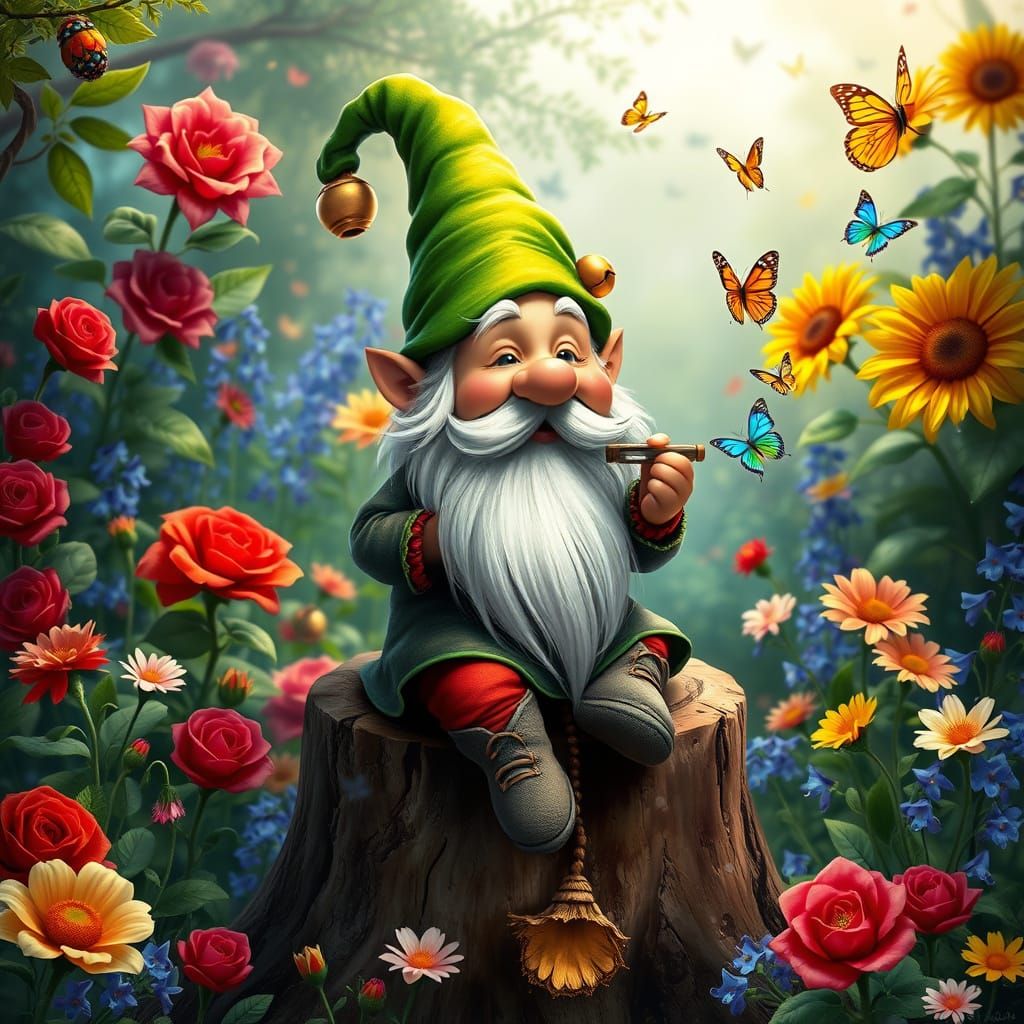 Whimsical Gnome in a Vibrant Fairyland Garden