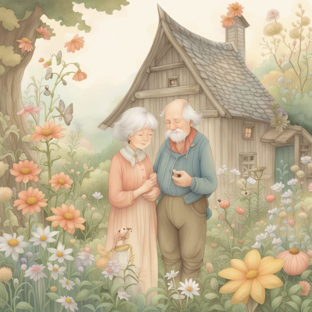 Charming Old Couple in Fairytale Cottage Garden