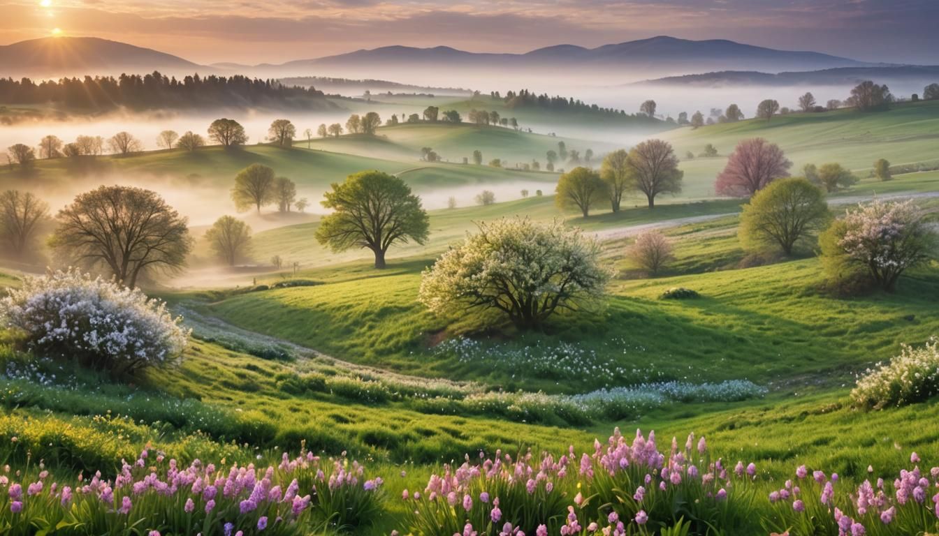 Spring Sunrise Over Misty Landscape
