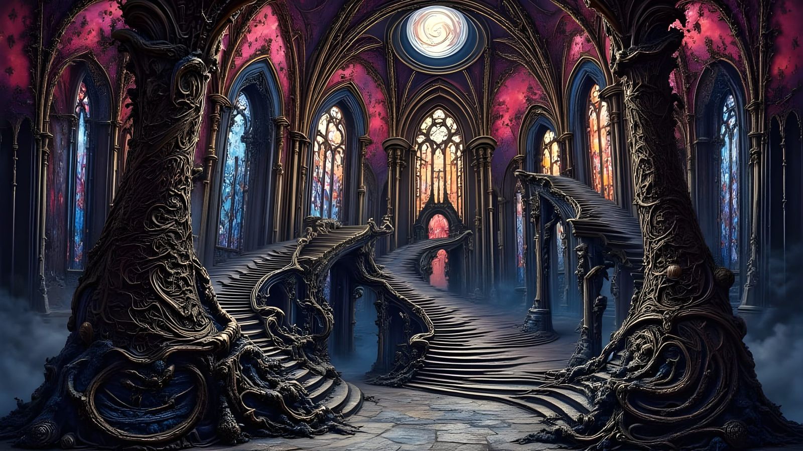 Escher-Inspired Cathedral Interior with Cosmic Stained Glass