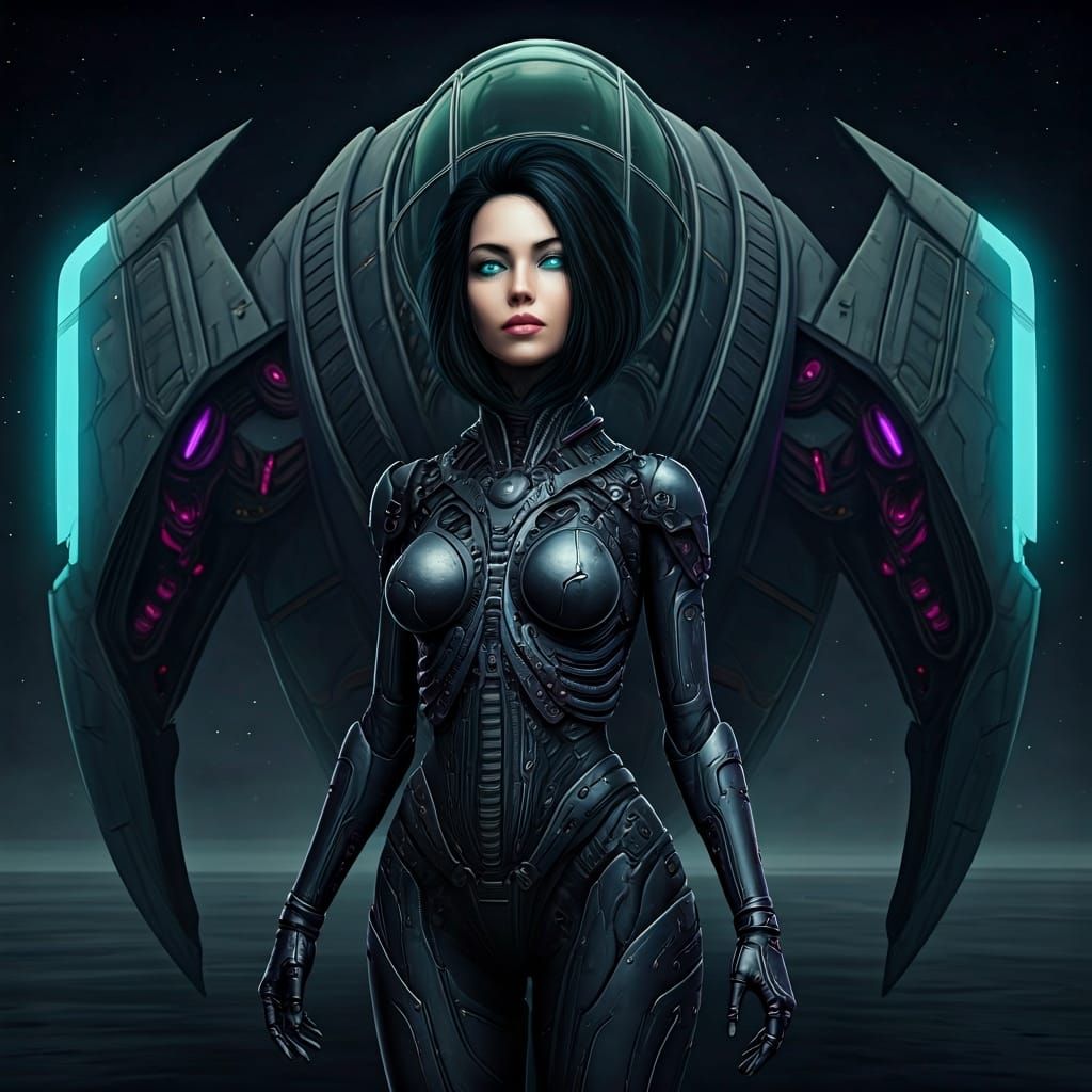 Cyberpunk Pilot Stands Before Raptor Starship