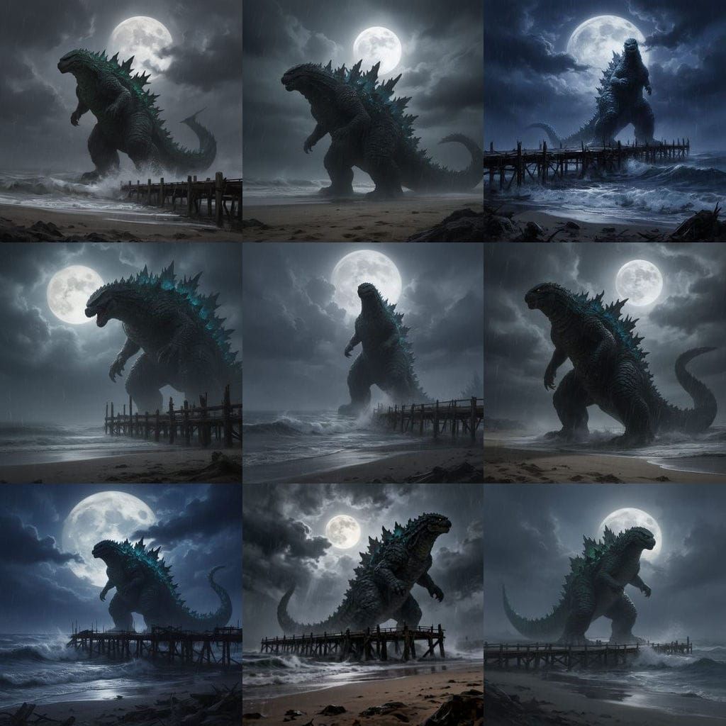 Godzilla Battles Storm on Beach Under Full Moon