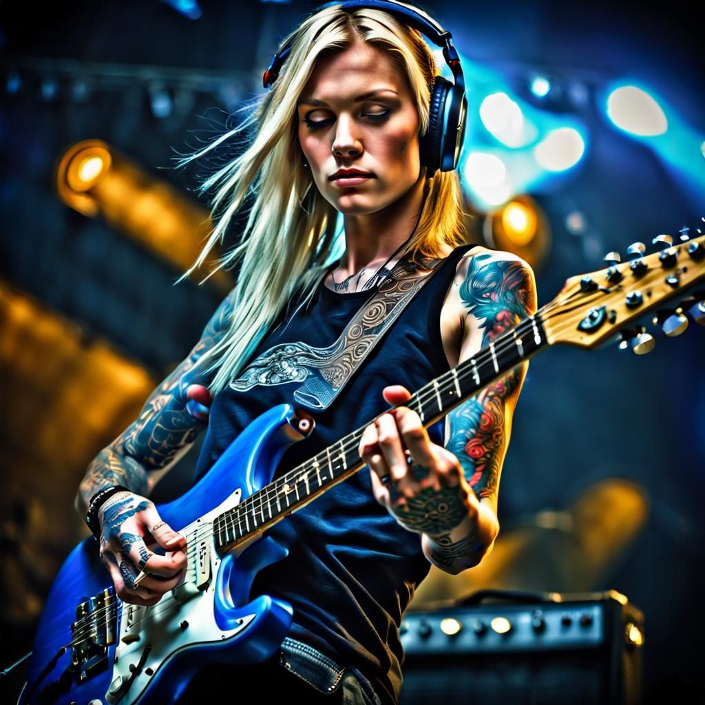 Blonde Guitarist in Concert with Tattoos, Hyperrealistic Det...