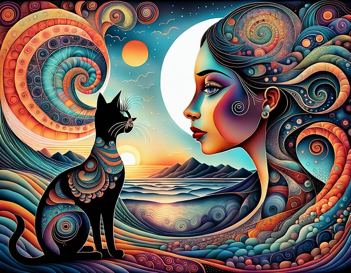 Dreamlike Woman and Cat-Woman Sunset in Art Brut Style