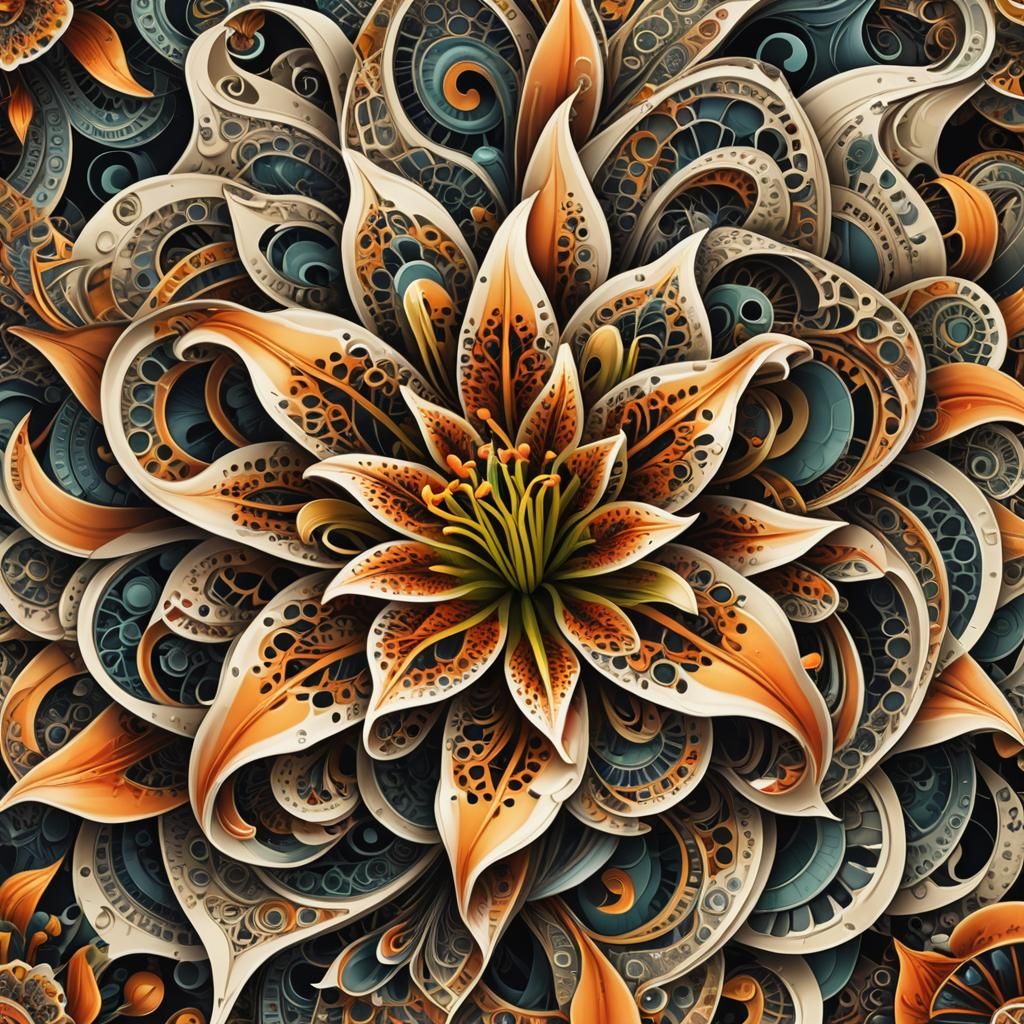 Psychedelic Fractal Tiger Lily with Tiger Head