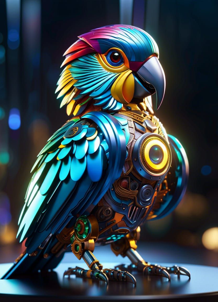 Holographic Robot Parrot Portrait in Metallic Colors