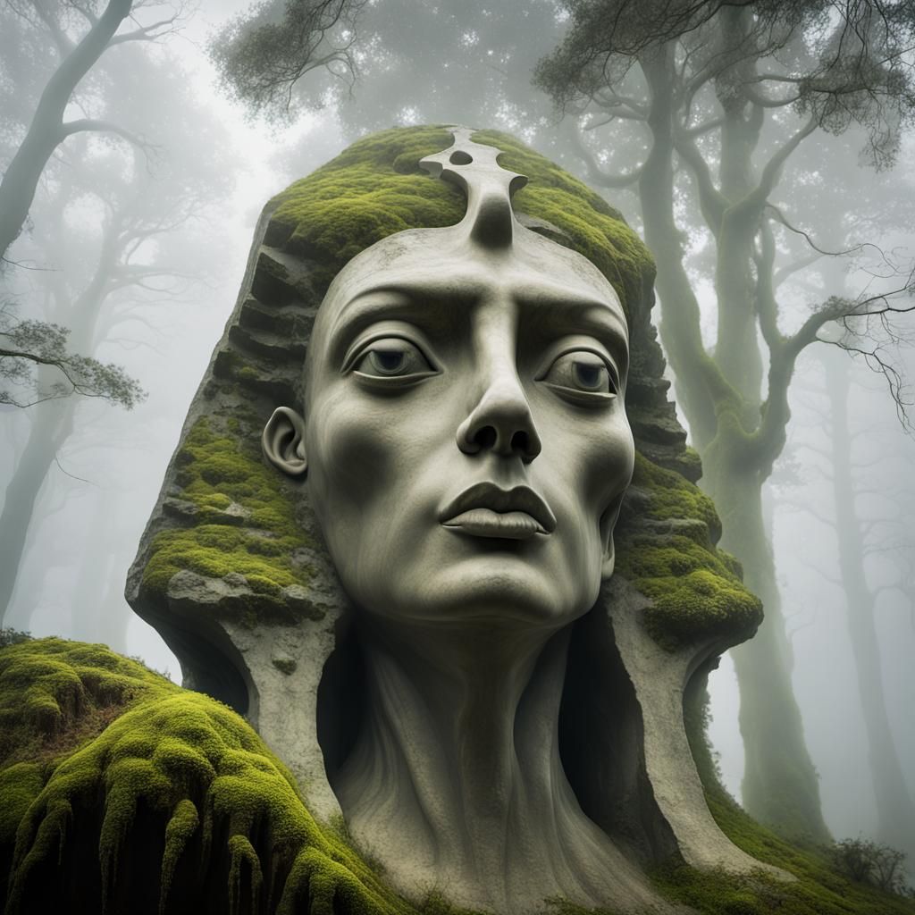 Surreal Sphinx Statue in Misty English Forest