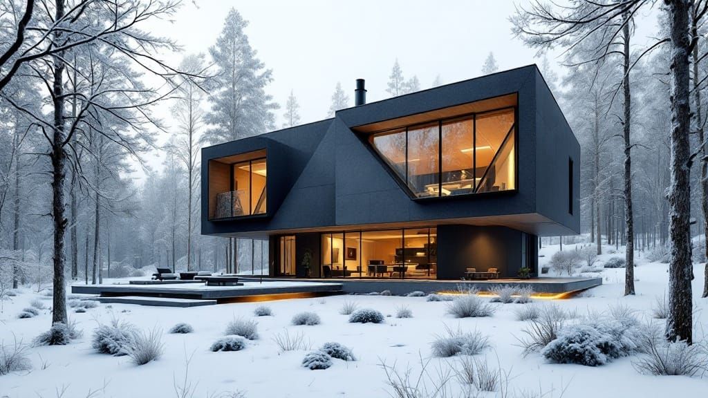 Modern Nordic House in Snowy Forest with Hyperrealistic Ligh...