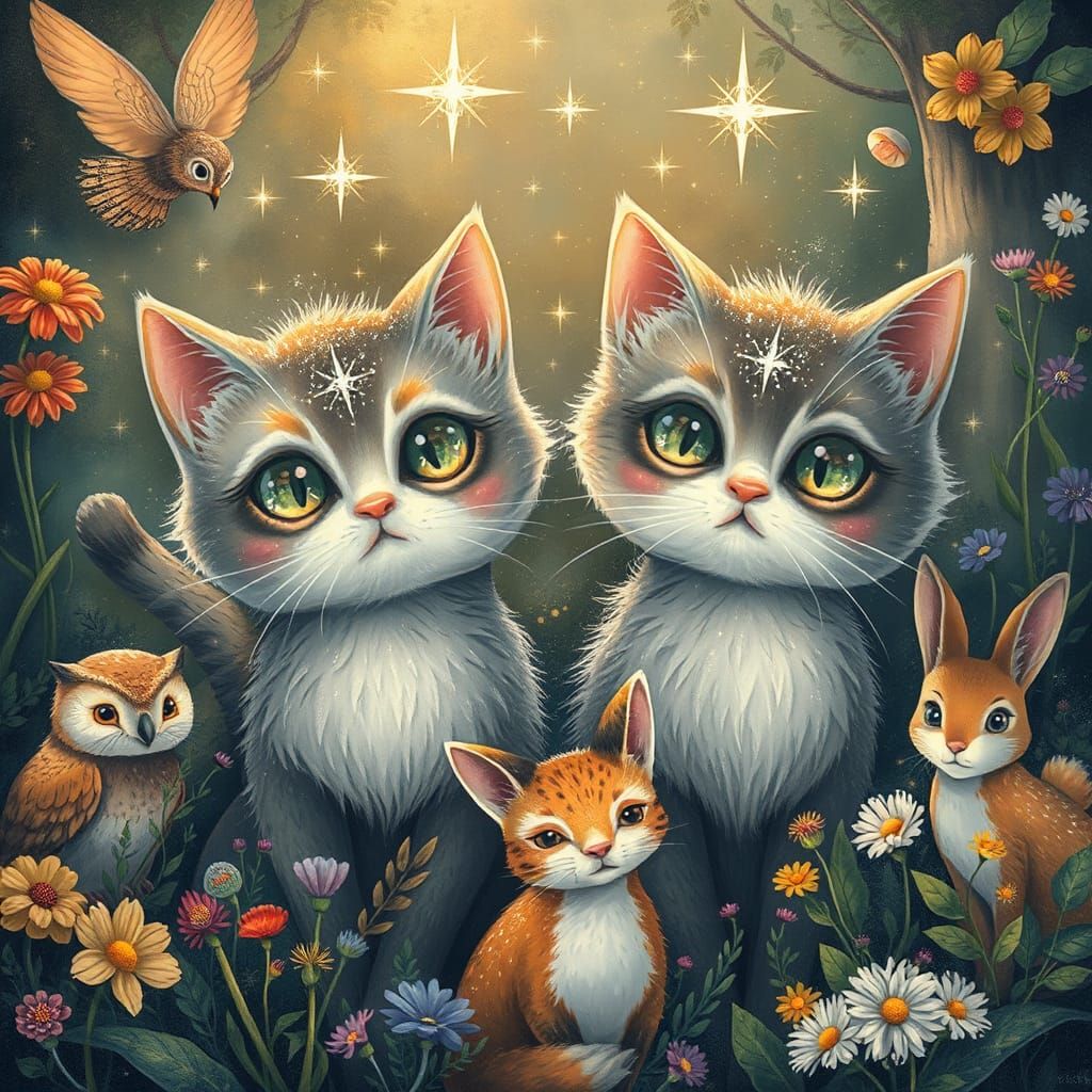 Sparkling Cats and Friends in Whimsical Gathering