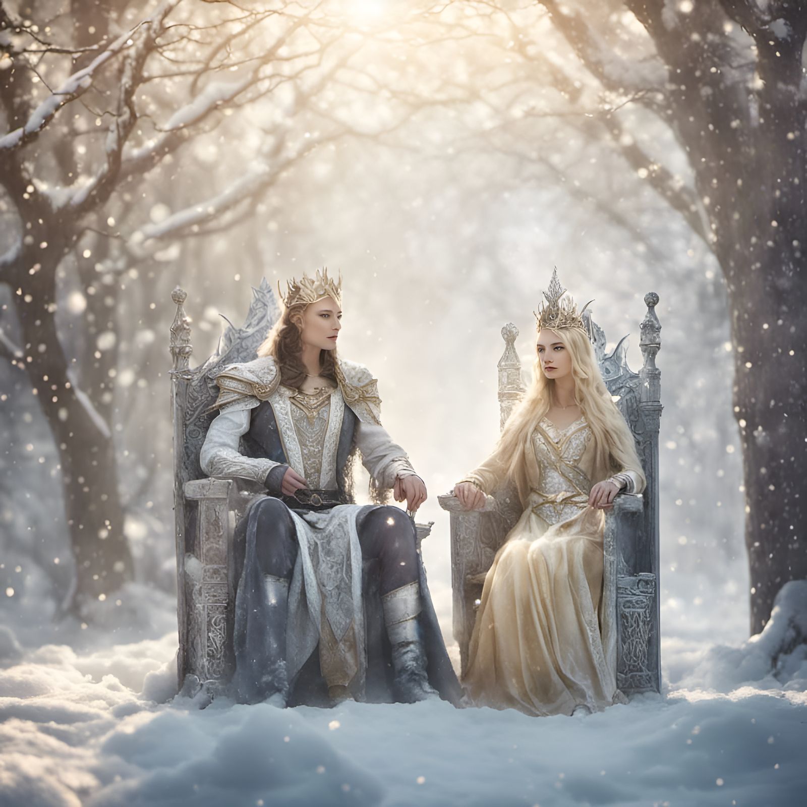 Elven King and Queen on Snowy Throne
