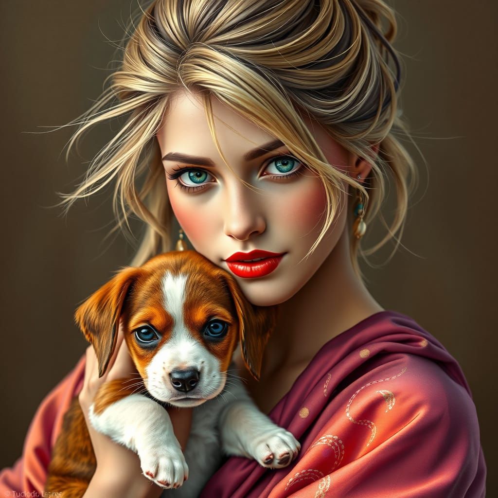 Gypsy Woman with Puppy in Hyperdetailed Painting