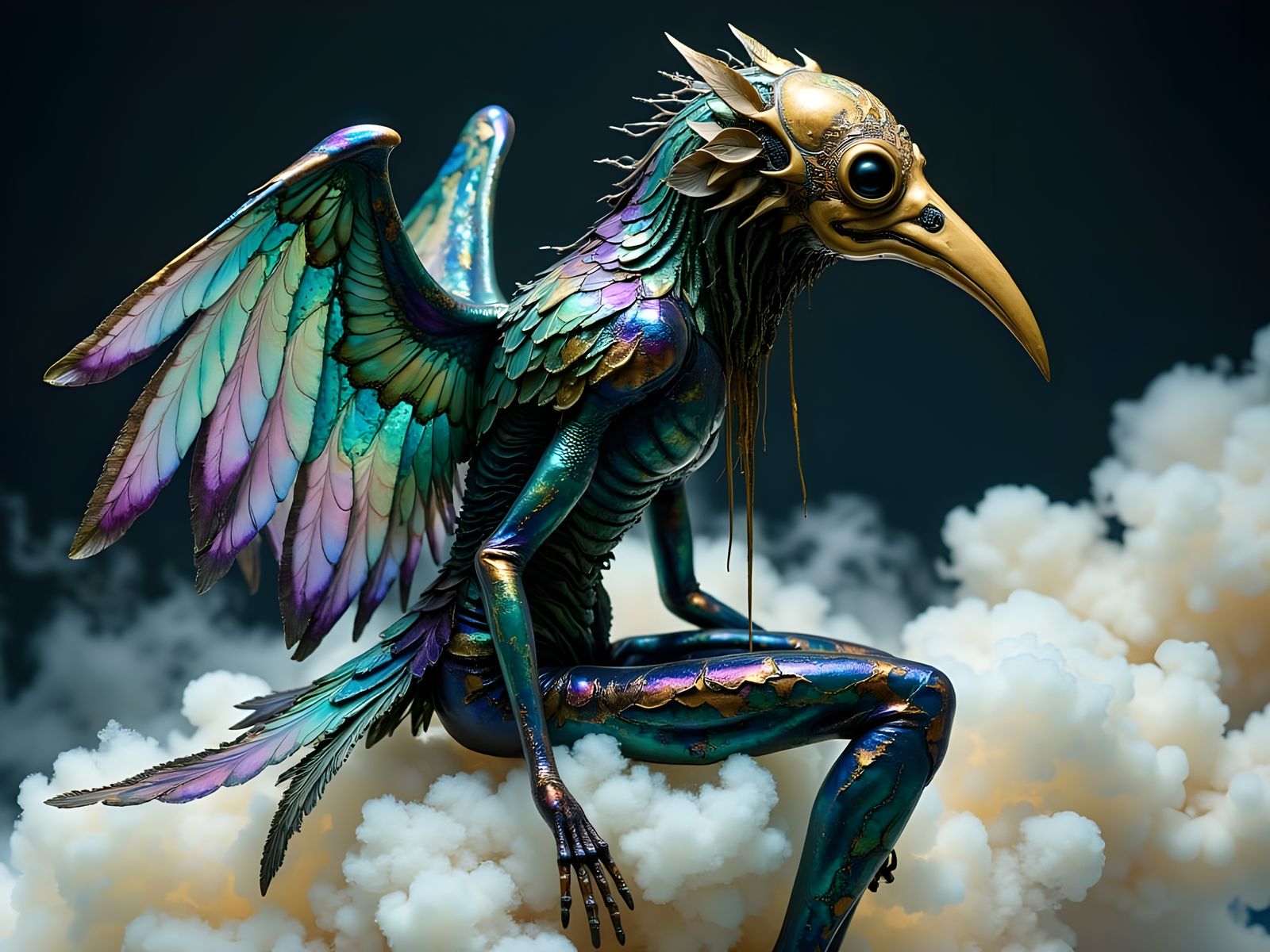 Surreal Avian Form Sits on a Cloud, Gazing into the Abyss