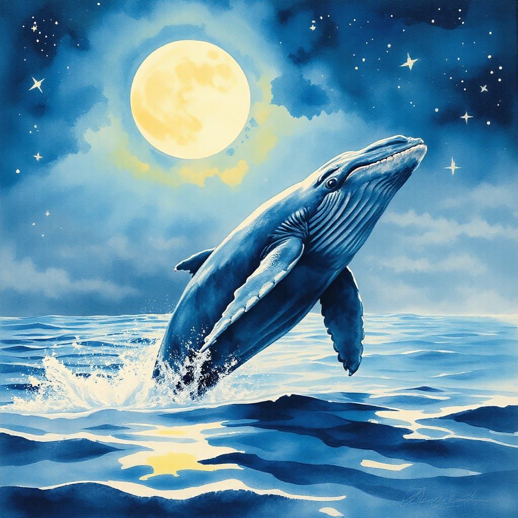 Dreamy Watercolor Blue Whale Under Starry Night Sky