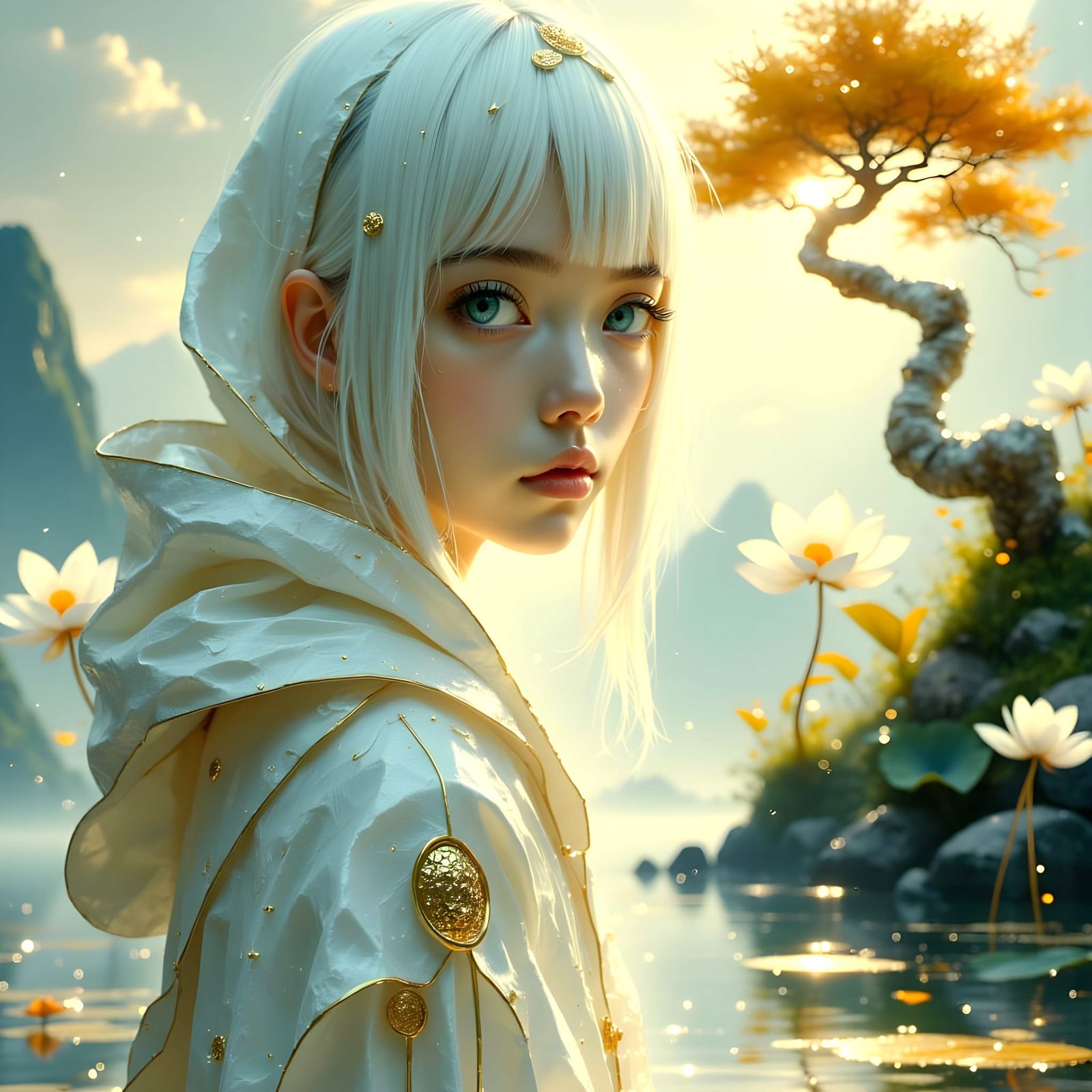 Enchanting Goddess with Golden Accents and Celestial Surroun...