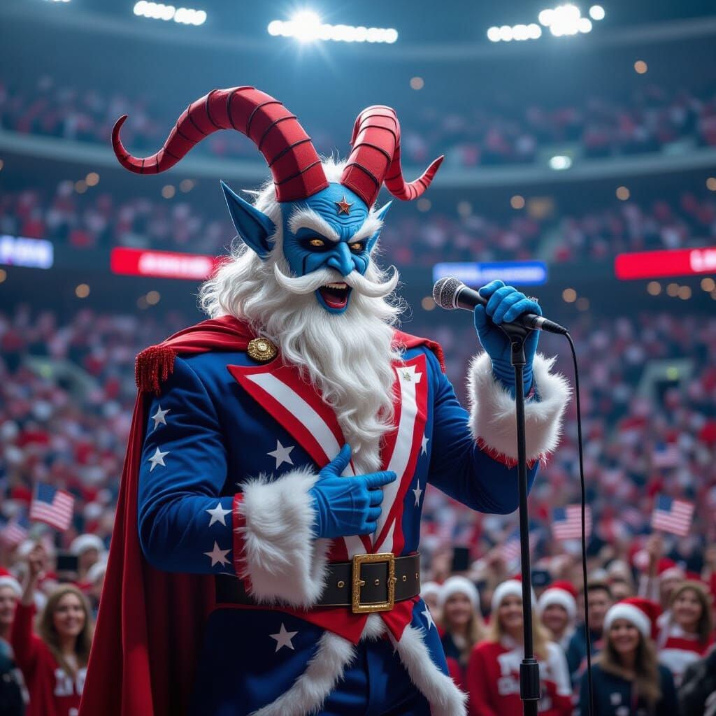 Patriotic Krampus Sings Anthem in Packed Stadium