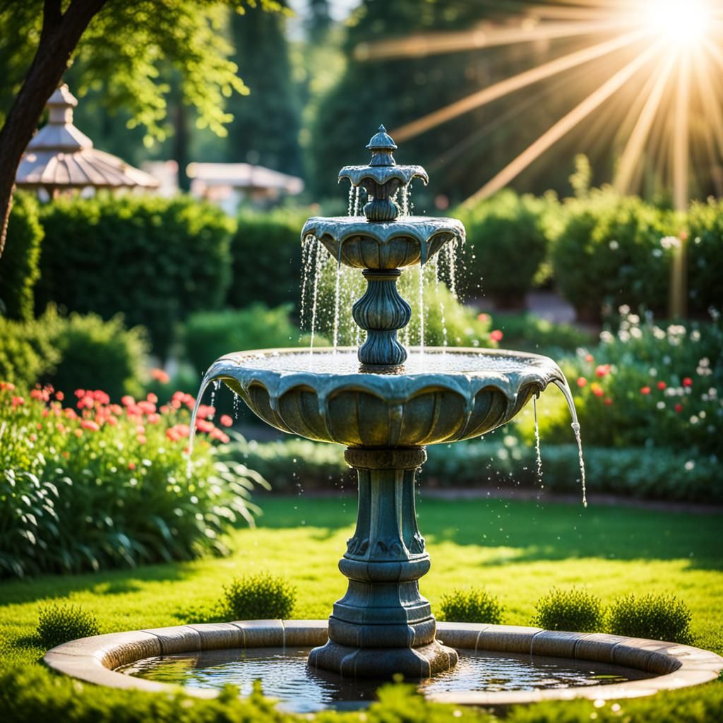 Sunlit Fountain in Garden: Professional Photography