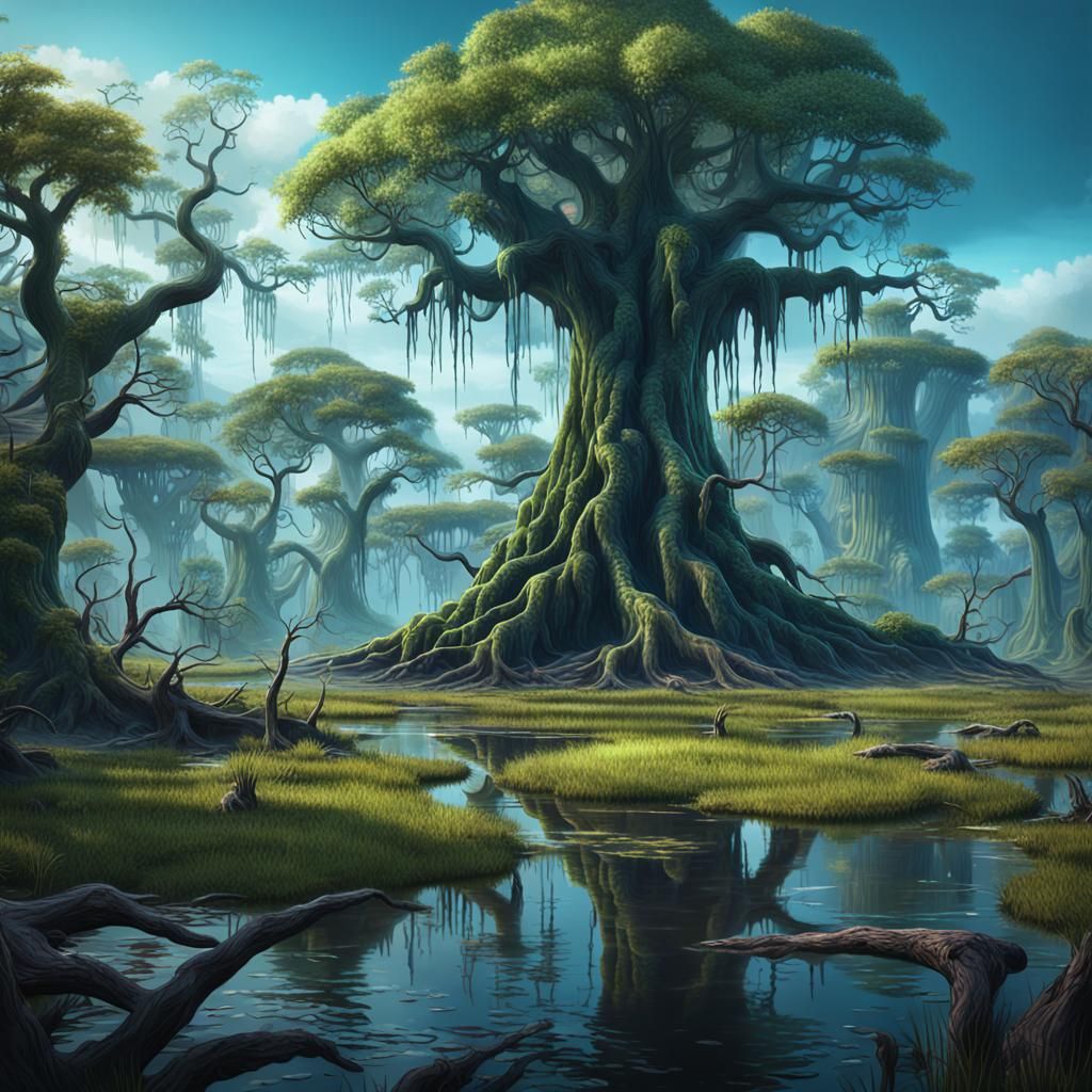 Fantastical Swamp Landscape with Unique Tree