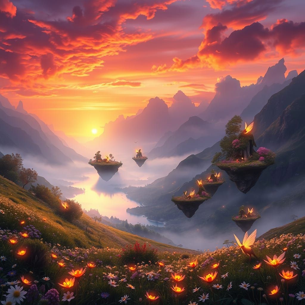 Dreamlike Valley at Dawn, with Glowing Flora and Ethereal Cr...