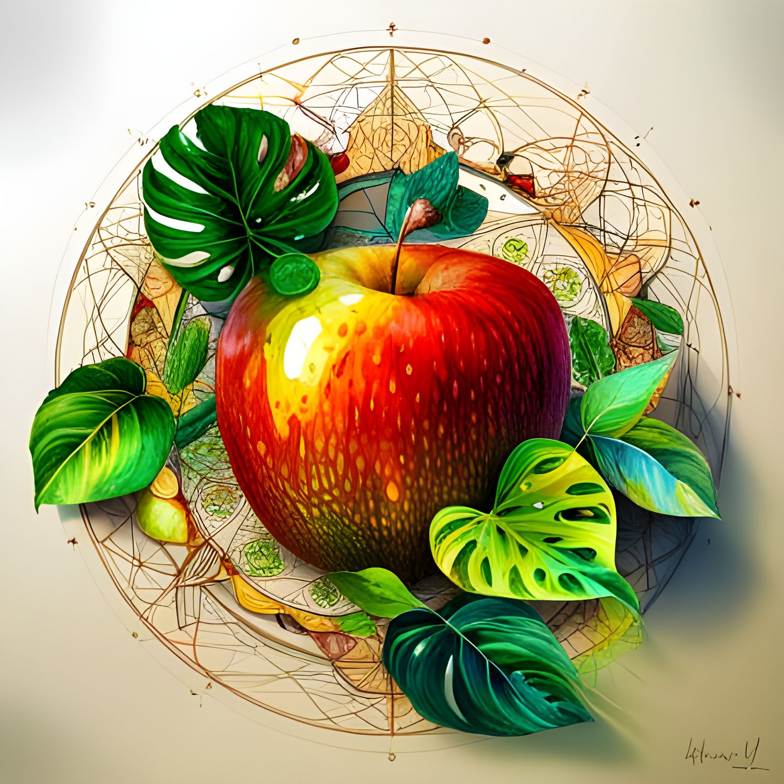 Intricate Apple in Magical Forest, Geometric Abstract Art