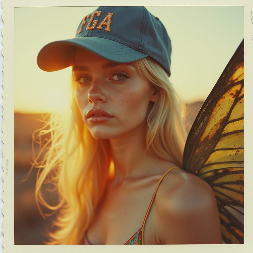 Blonde Fairy in 70s Polaroid Style at Sunset