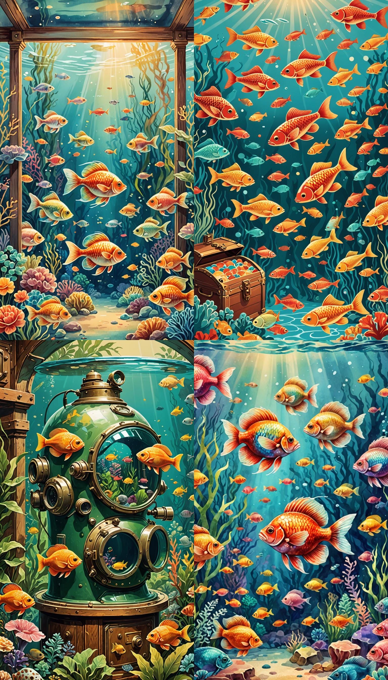 Retro 1940s Illustration of a Colorful Aquarium