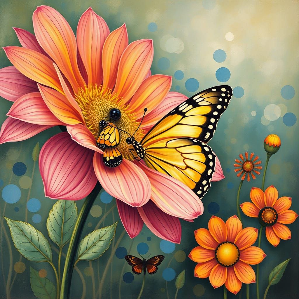 Floral Life with Butterfly Whispers in Abstract Style