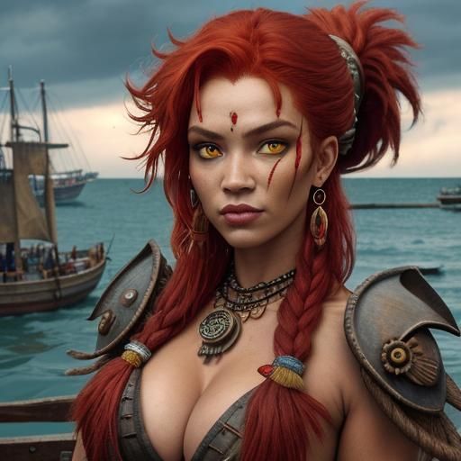 Tribal Woman in Steampunk Port with Stormy Ocean