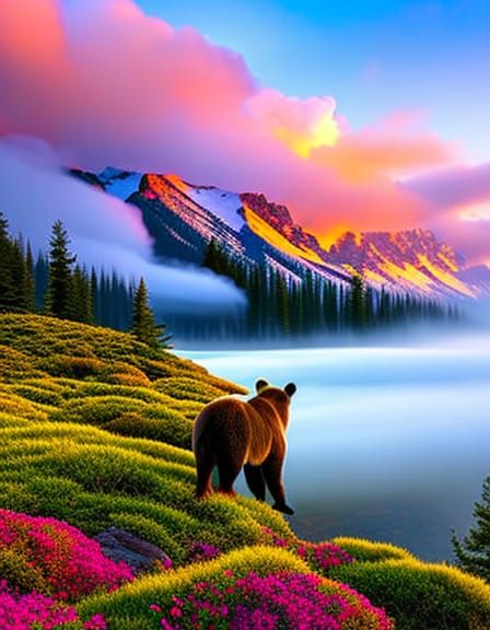 A portrait of a bear and cubs in the woods, surrounded by mo...