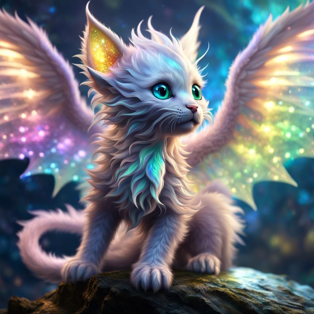 Winged Dragon Kitten with Holographic Fur, CGI Art