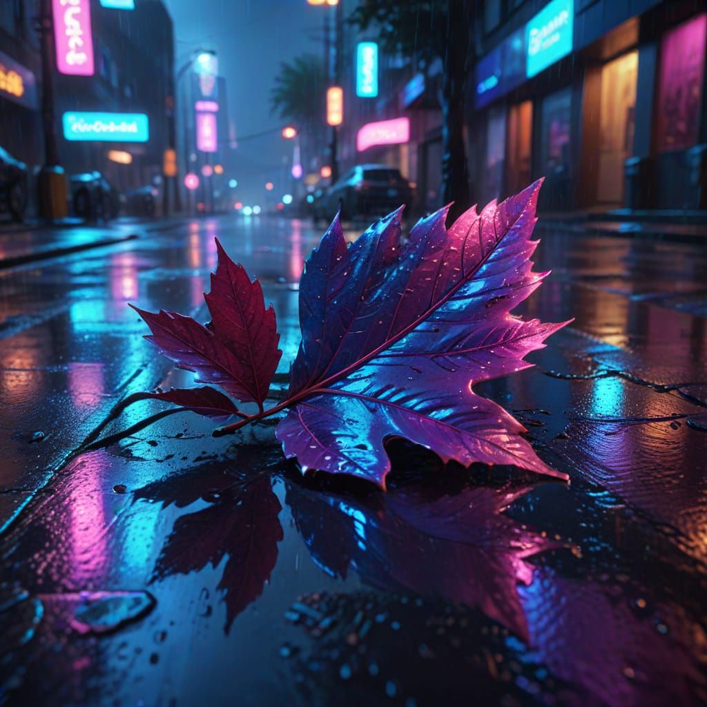 Cyberpunk Leaf Reflects Electric Glowing Cityscape