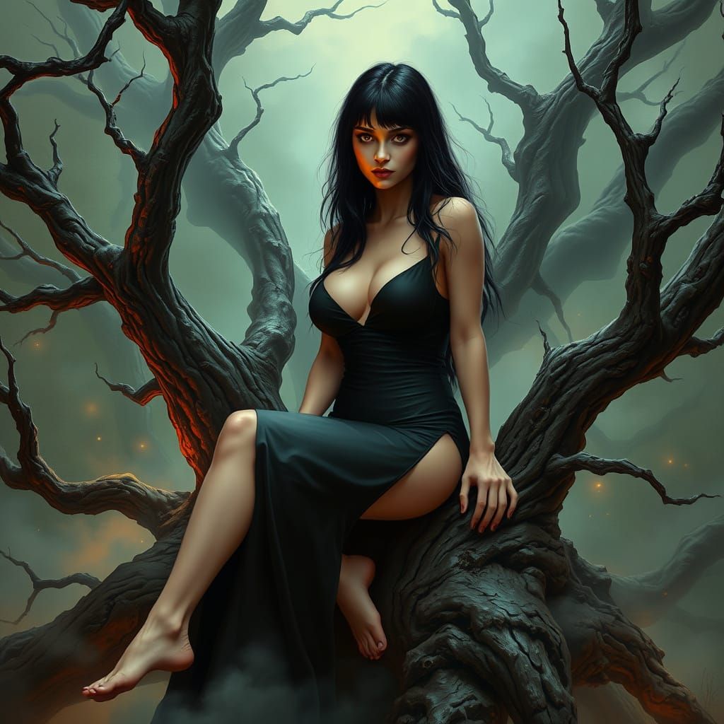 Enchanting Witch in Dark Fantasy Biomechanical Scene